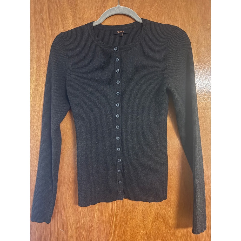 Quince Organic Cotton Cashmere Ribbed Cardigan Sweater Charcoal Gray Small - Picture 2 of 7